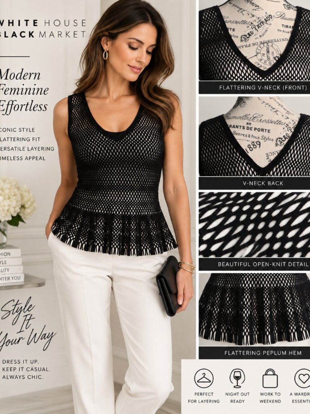 NWT White House Black Market Black Mesh Peplum Top Size L